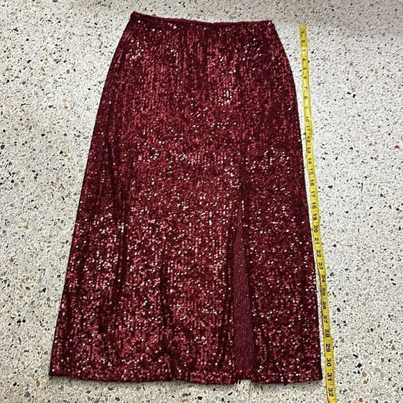 7th Ray red sequin elastic waist stretch midi skirt side slit Large L - Picture 2 of 5